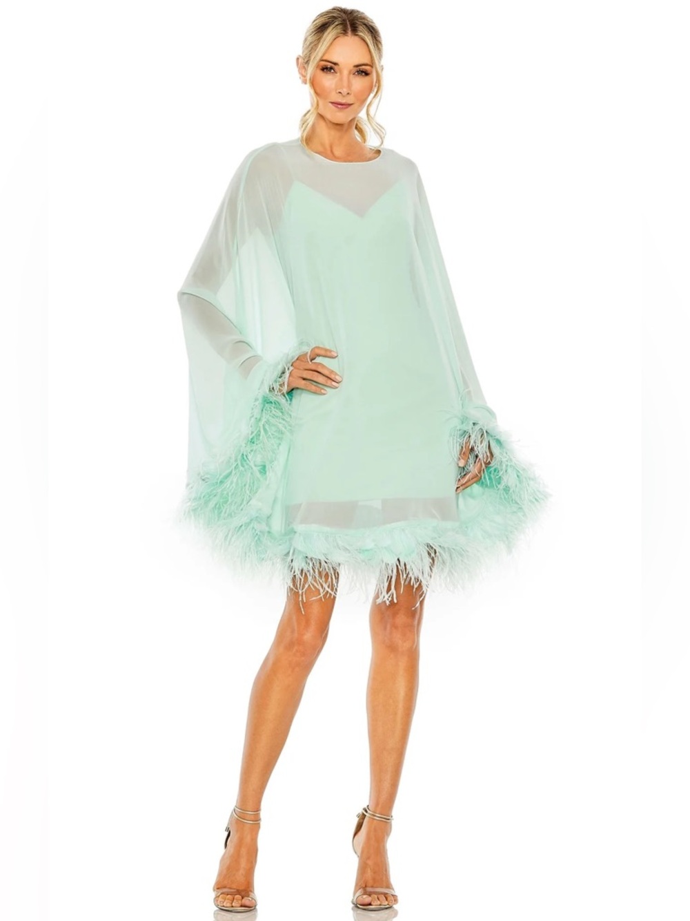 Mac Duggal Size 2 Mint Green 11622 Cape Sleeve Feather Trim Mini Cocktail Dress